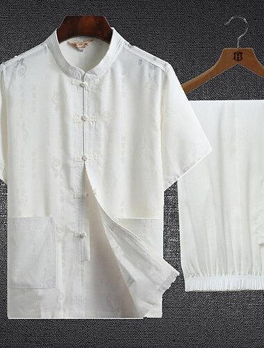 Herren T-Shirt Anzüge Hemd- und Hosensets 2-teiliges Outfit Kurzarm Stehkragen Sommer chinesisches Schriftzeichen Mode Chinesischer Stil Lässig 2 teilig Urlaub Alltagskleidung Ausgehen Weiß Beige Grau