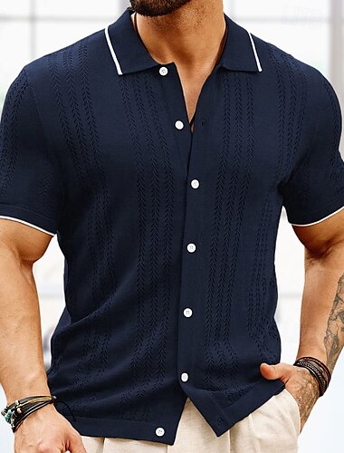  Herren Polo Pullover Golfhemd Casual Festtage Knopf Klassisch Kurzarm Modisch Old-Money-Stil Gestreift Knopf vorne Sommer Frühling Herbst Schwarz Champagner Braun Polo Pullover