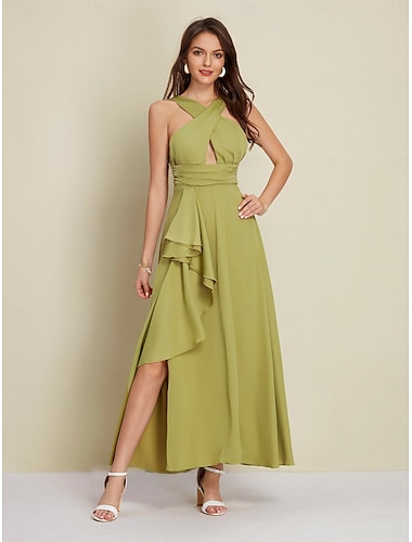  Vestido largo verde militar para mujer para fiesta, boda, invitada o cóctel, de satén verde, con escote halter, abertura frontal, corte asimétrico y volantes para impresionar en 2024