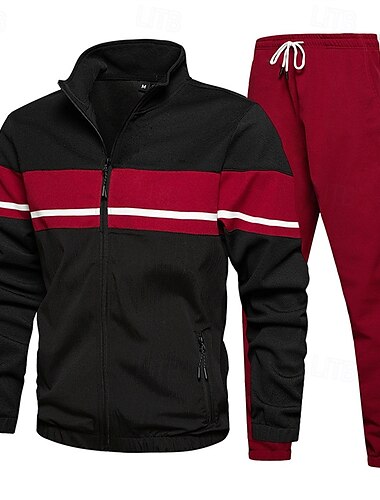  Herren Trainingsanzug Jogginganzug Sweatshirt mit durchgehendem Reißverschluss Schwarz Grün Khaki Stehkragen Farbblock Patchwork 2 teilig Sport & Natur Täglich Festtage Strassenmode Basic