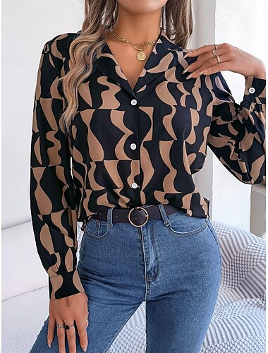  Damen Hemd Bluse Farbblock Stilvoll Modern Langarm Hemdkragen Arbeit Knopf Schwarz Braun Khaki Frühling Herbst