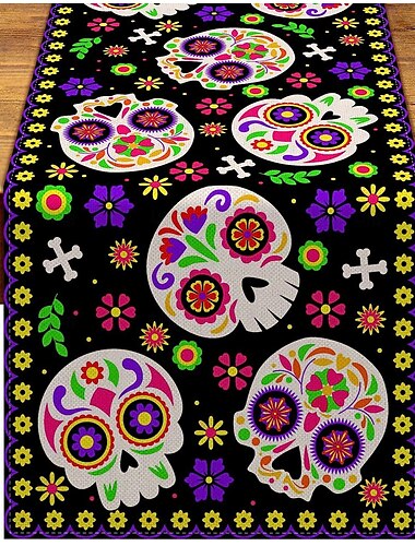  meistverkaufte Halloween Totenkopf Tischläufer mexikanische Druck Tischdecke für Esszimmer und Heimdekoration