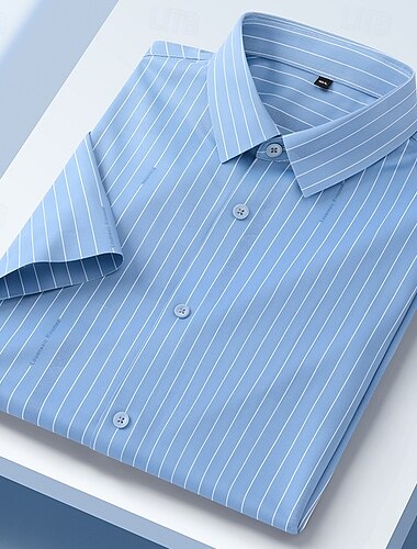  Hombre Camisa Camisa para Vestido Abotonar la camisa Rayas Boda Diario Azul Azul cielo Gris Ligero Gris Manga Corta Cuello Vuelto Verano Ropa
