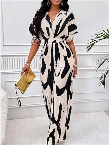  Dam Vanligt Jumpsuits Elegant Färgblock Kortärmad Fjäril V-hals Mönster Arbete Dagligen Normal Vit Orange Brun Sommar