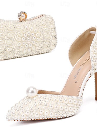  Conjunto de tacones altos y clutch de perla para mujer: zapatos de novia de punta puntiaguda con bolso de cuentas a juego para bodas, compromisos y eventos formales.