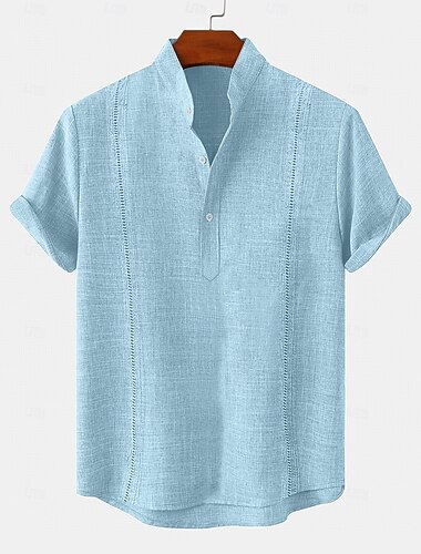  Voor heren Overhemd linnen overhemd Guayabera-shirt Zomer overhemd Strand Kleding Effen Kleur Casual Dagelijks Wit Koningsblauw Groen Khaki Korte mouw Band Kraag Zomer Lente Kleding