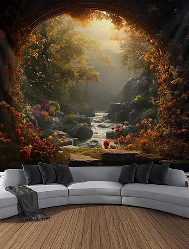  Herbstlandschaft Höhle Wandteppich Wanddekoration großer Wandteppich Wanddeko Fotografie Kulisse Decke Vorhang Home Schlafzimmer Wohnzimmer Dekoration Wandtuch XXL Natur