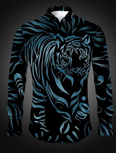  Herren Tiger Knopfhemd Bedruckte Hemden Langarm Brautkleider schlicht Party Täglich Festtage Herbst Winter Frühling Sommer Umlegekragen Knopf Bedruckt Blau Purpur Gold Grau