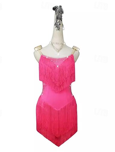  Vestido de baile latino con borlas de diamantes de imitación para mujer, traje de escenario sin mangas para entrenamiento de rendimiento, rumba, salsa chacha