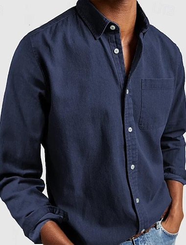  Voor heren Overhemd Zwart Wit Marineblauw khaki Grijs Lange mouw Effen Revers Vakantie Hawaii Button-omlaag Kleding Polyester Modieus Casual Comfortabel