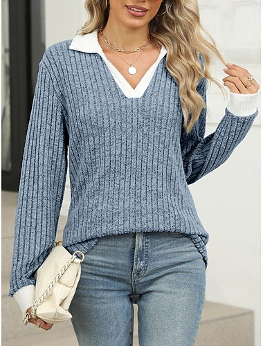  Damen T-Shirt lässig einfarbig langarm lang Oberteile Hemdkragen Alltag schwarz blau grün Frühling Herbst