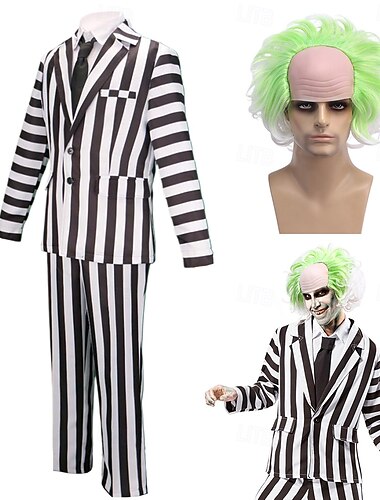  Beetlejuice Outfits Anzüge&amp;Blazer Streifen Herren für Halloween Karneval Performance Party Erwachsene mit Kostüm Perücken