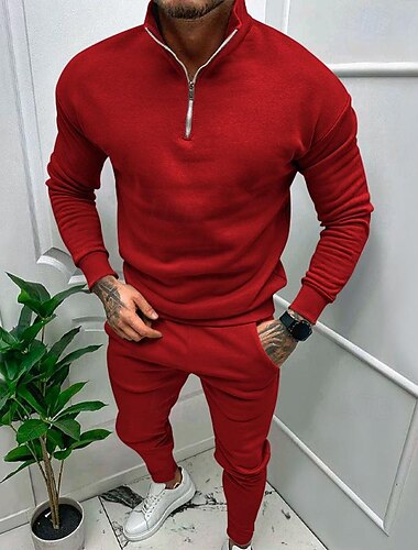  Herren Trainingsanzug Jogginganzug Sweatshirt mit Viertelreißverschluss Aprikose Schwarz Weiß Rote Hellgrau Stehkragen Glatt 2 teilig Sport & Natur Täglich Festtage Strassenmode Basic Brautkleider