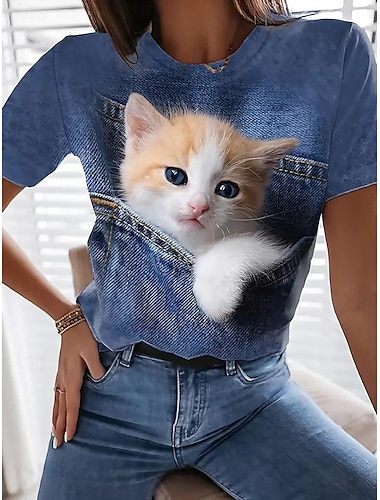  Femmes T-shirt Chat Occasionnel Manche Courte Col ras du cou Hauts Réguliers Quotidien Imprimé Bleu Été