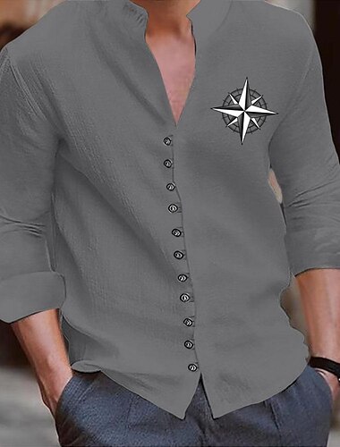  Herren Strandhemd Grafik-Shirt Kompass Urlaub Karriere/ Zeremonie / Hochzeit Schwarz Weiß Kaki Grau Langarm Stehkragen Frühling Sommer Bekleidung Button-Down