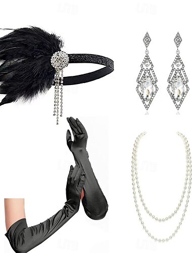  1920er Der große Gatsby Outfits Flapper-Stirnband Der große Gatsby Hochzeitsgast Kragenlos Damen Halloween Karneval Maskerade Party Maskerade Hochzeitsempfang Erwachsene Handschuhe Halskette Ohrring