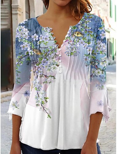  Damen Hemd Bluse Casual Blumen Schmetterling Knöpfe Druck 3/4 Länge Ärmel Normal Oberteile Rundhals Urlaub Alltag Rosa Rot Marineblau Blau Lila Frühling&amp; Sommer