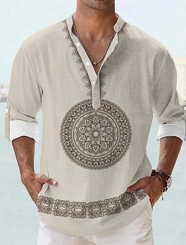 Homme Chemise Chemise Lin Chemise boutonnée manche longue Tribal Mode Décontractée Vacances Casual Eté Printemps & Automne Mao Boutons Imprimer Noir Kaki Beige