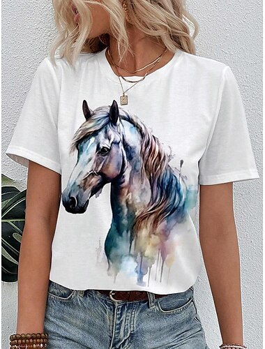  Damen T-Shirt Casual Print Kurzarm Normal Oberteile Rundhals Alltag Weiß Sommer