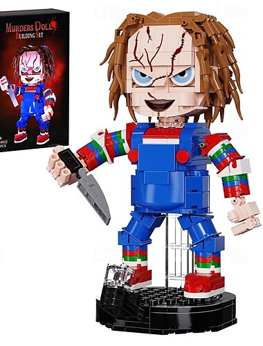  chucky overal dětské akční figurky stavebnice, modrá vystrašená panenka modelky z hororového filmu, kompatibilní s legem, vhodné na halloween pro kluky grily děti 6+ (494 ks)
