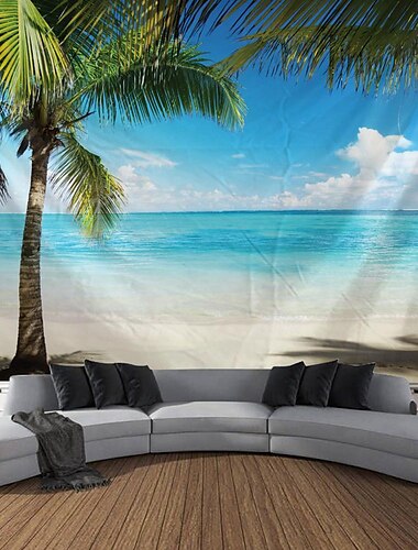  landschap natuur groot wandtapijt art deco deken gordijn picknicktafel kleed hangend huis slaapkamer woonkamer slaapzaal decoratie strand serie kokospalm blauwe zee witte wolk blauwe lucht