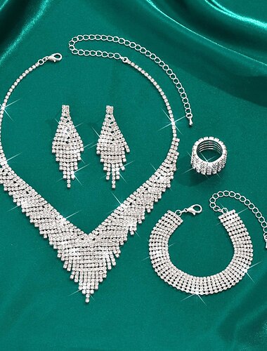  Conjunto de Jóias 5pçs Strass Liga Anéis Brincos Colares Braceletes Mulheres Elegante Vintage Moda Geométrico Forma Geométrica Conjunto de jóias Para Casamento Festa Aniversário