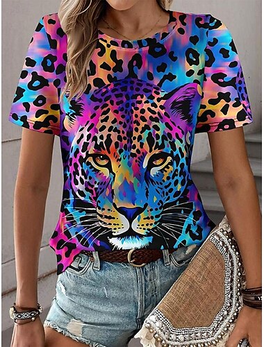  Damen T Shirt Tier Tiger Farbverläufe Stilvoll Brautkleider schlicht Kurzarm Rundhalsausschnitt Normale Oberteile Täglich Bedruckt Blau Sommer