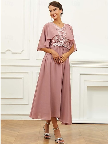  Dames A lijn jurk Chiffon Kant Ruche V-hals Korte mouw Halflange jurk Bruiloft gast Cocktailparty Elegant Formeel Blozend Roze Zomer