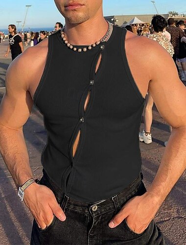  Per uomo Canotta Maglietta senza maniche Canotta Muscolare Senza Maniche Girocollo Estate Blocco di colori Striscia di Fossa Moda Designer Muscolo Traforato Bottoni All'aperto Uscire Palestra Nero