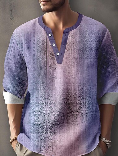  Herren Muster Ethnisch Hemd Knopfhemd Langarm Brautkleider schlicht Stamm Festtage Sommer Frühling Herbst Ständer Bedruckt Rote Purpur Grün