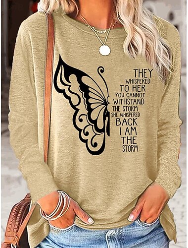  Femme T shirt Papillon Lettre Mode Décontractées manche longue Col Rond Hauts réguliers du quotidien Imprimer Rose Claire Bleu Kaki Printemps & Automne Printemps, Août, Hiver, Eté