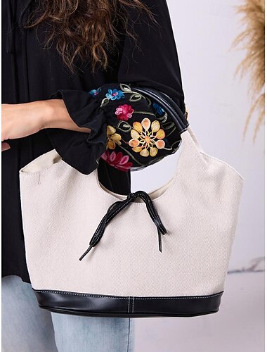  Borsa tote floreale ricamata da donna: elegante borsa intrecciata con finiture in pelle per un uso casual e formale