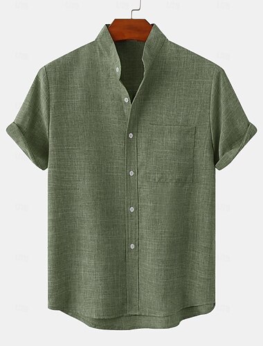  Voor heren linnen overhemd Overhemd met bandkraag Normaal shirt Effen Hawaii Feestdagen Zwart Wit Geel Blozend Roze Korte mouw Henley Lente zomer Kleding Voorvak