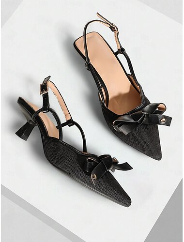  Slingback-Pumps mit spitzer Spitze für Damen – Kitten-Heel-Schuhe aus braunem Leder und beigem Canvas mit Schleifendetail, perfekt fürs Büro, Partys und die Freizeit