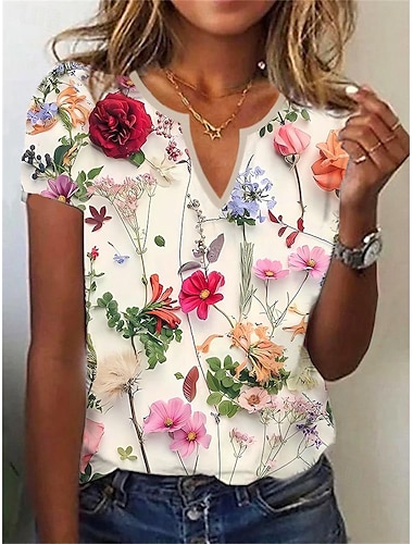 Damen T-Shirt Henley Shirt Basic Blätterdruck Kurzarm Normale Oberteile V-Ausschnitt Urlaub Wochenende Weiß Rosa Marineblau Blau