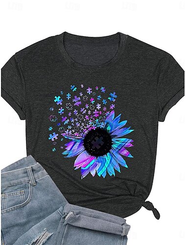  Damen T Shirt Blumen Bühnenlicht vielfarbig Brautkleider schlicht Kurzarm Rundhalsausschnitt Normale Oberteile Täglich Bedruckt Schwarz Sommer