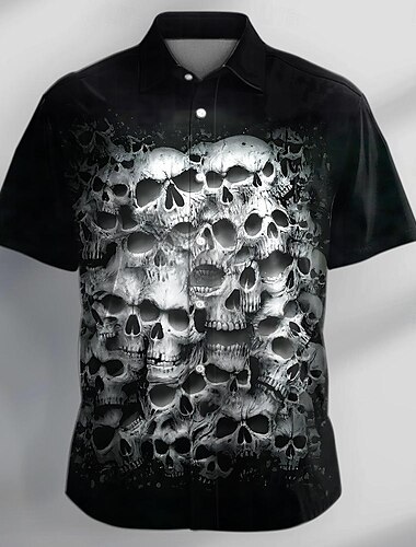  Teschi Informale Scuro Per uomo Camicia Camicia con bottoni Giornaliero Evento Da mare Estate Collo ripiegabile Camicie con colletto Manica corta Nero, Grigio S, M, L Poliestere Camicia