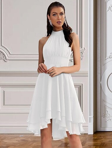  A-Lijn Cocktailjurken Feestjurk Bruidsgast Verloving Knielang Mouwloos Halterhals Chiffon V-Back met Sleek Tiered jurk om indruk te maken