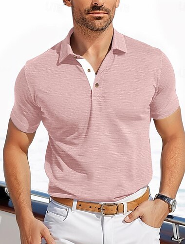  Homens Camiseta Polo Camisa de golfe Trabalho Casual Lapela gola pólo com nervuras Manga Curta Básico Moderno Côr Sólida Patchwork Botão Primavera Verão Normal Rosa Claro Azul Claro Preto Azul