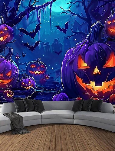  Halloween Decorations Carved Pumpkin Blacklight Tapestry UV Reactive Glow in the Dark Forest Trippy Mountain Misty Zombie Ghost Hanging Tapestry Wall Art Mural for Living Room Bedroom