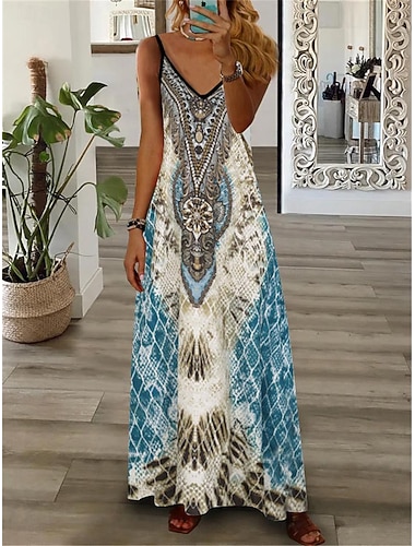  Damen Maxikleid Freizeitkleid A Linie Kleid Unterkleid Druckkleid Vintage Retro Lässig Täglich Outdoor Date Normale Passform Geometrisch Stammes Ärmellos V Ausschnitt Blau Königliches Blau Sommer
