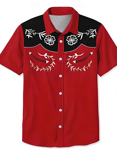  Per uomo Floreale Camicia Camicia occidentale Camicia con bottoni Manica corta stile western Da mare Per eventi Da tutti i giorni Estate Collo ripiegabile Rosso