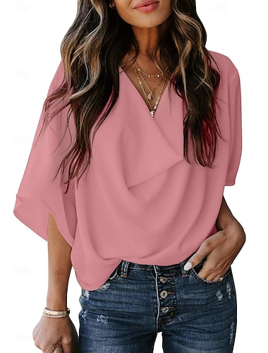  chemisier femme hauts habillés élégant stylé couleur unie froncé manches chauve-souris manches 3/4 hauts réguliers col bénitier travail quotidien noir blanc jaune rose bleu ciel été printemps automne