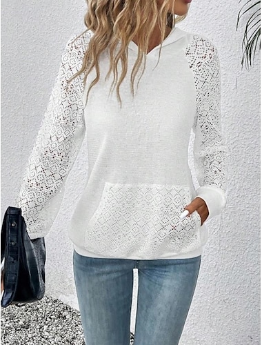  Suéter de mujer, informal, liso, para uso diario, deportivo, con capucha, bolsillo, manga larga, negro, blanco, primavera y otoño&amp; invierno