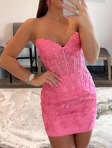  A-Linie Heimkehrkleider Korsetts Kleid Feiertagsabschluss Kurz  Mini Ärmellos Strapless Rosa Kleid Spitze mit Applikationen 2025
