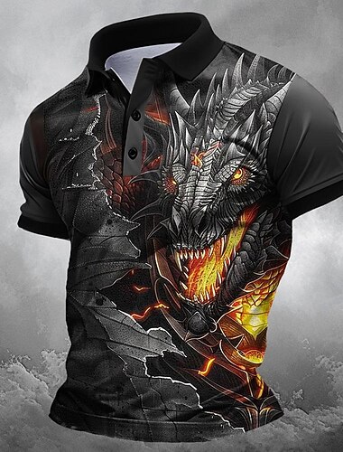  男性用 ドラゴン ポロシャツ ゴルフシャツ 半袖 ポロシャツ 襟付きシャツ おかしい ストリートウェア バケーションウェア パーティー衣装 ボタン 3Dプリント 夏 春 ブラック