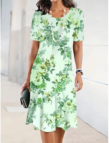  Damen Freizeitkleid Blumendruck Rundhals Midikleid Stilvoll Casual Täglich Date Kurzarm Sommer