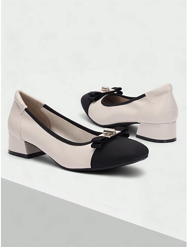  Sapatos femininos de salto bloco com detalhe de laço em dois tons – salto baixo confortável para escritório e uso casual
