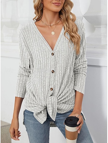  Damen Tunika Bluse lässig einfarbig Knöpfe Langarm normale Oberteile V-Ausschnitt Alltag blau lila khaki grau Frühling Herbst Winter