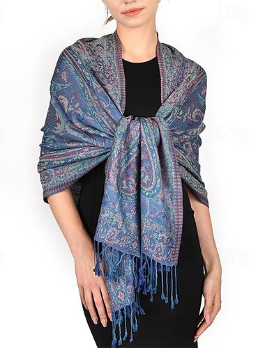  zweifarbiger seidiger Paisley-Pashmina-Schal, weicher Jacquard-Wickelschal für Damen